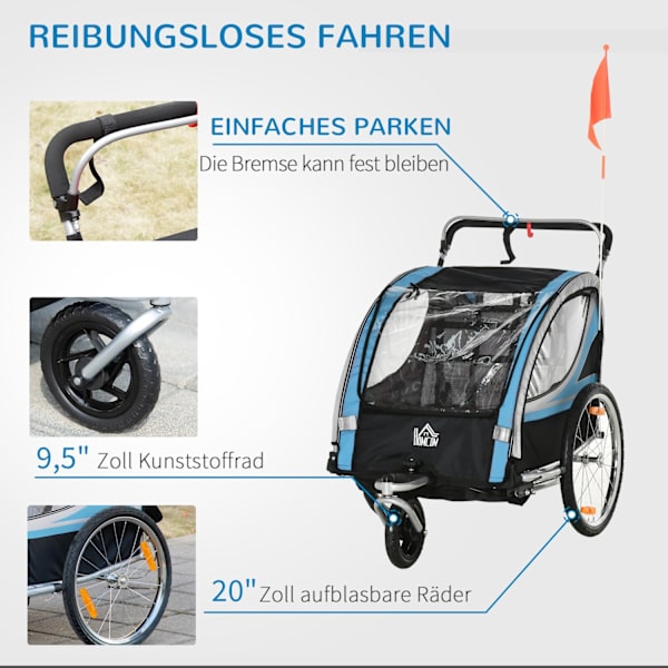 Cykeltrailer 2 I 1 Klapvogn Buggy, 360° Drejelig, Stål Oxford, Blå+Sort