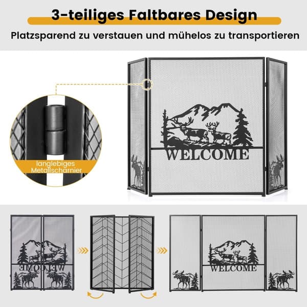 Pejseskærm, 3-panels foldbart metalnet, 132x79 cm