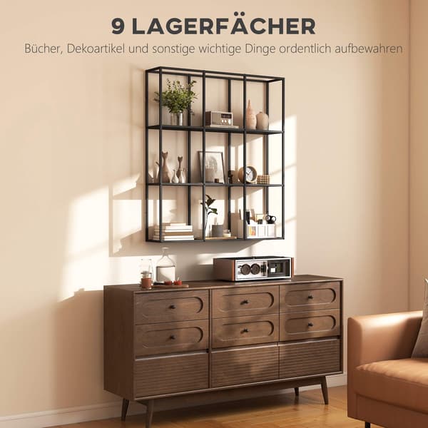 Industriel metalvæghylde med 9 rum, sort