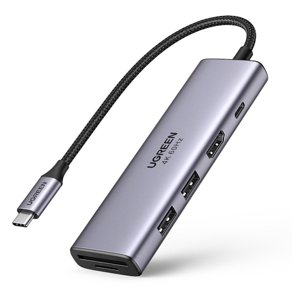 6-i-1 multifunktionell USB-C HUB - 2x USB HDMI 4K SD- och TF-kortläsare USB-C PD 100W grå