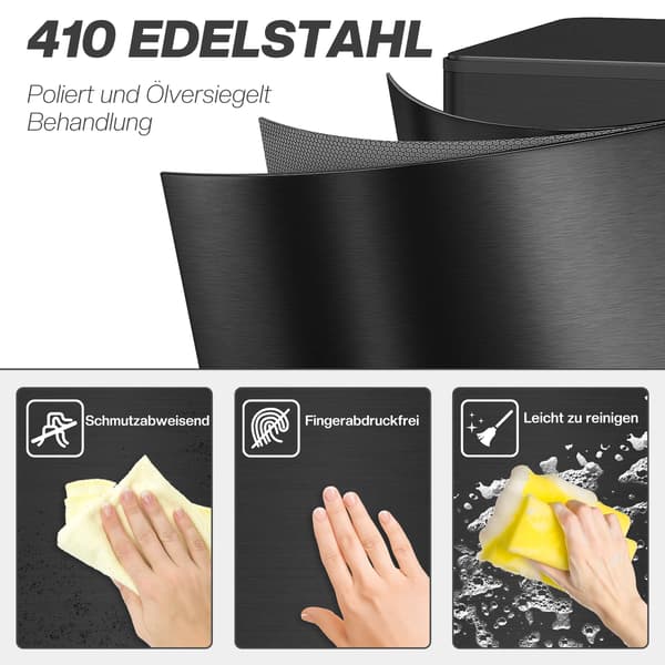 20L skraldespand i rustfrit stål, blødt lukkende låg, sort