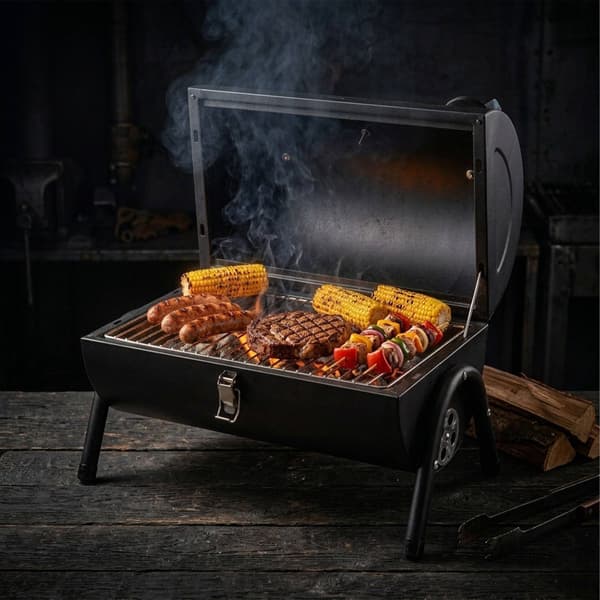 Bärbar kolgrill med termometer och skorsten