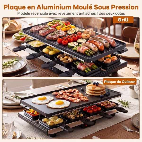 1400W Raclette Grill med vendbar non-stick plade, 8 pander