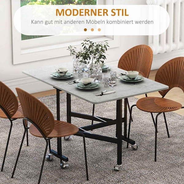 Matbord, fällbart köksbord med hjul, stålben, hopfällbart bord för 4-6 personer, matsalsbord, 52,5-120 x 80 x 73 cm