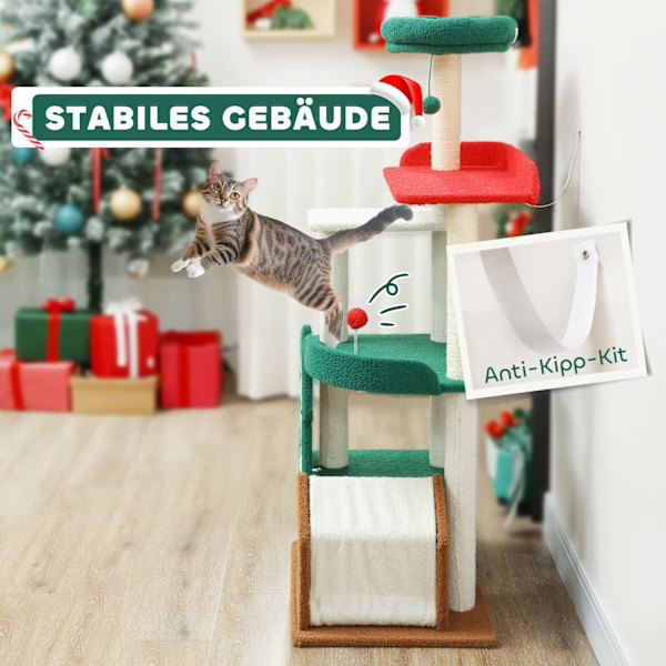Kradsestolpe i julefarver, 135 cm kattetræ med 6 niveauer, kattekradsestolpe med kattehule, legebold, sisal kradsestolpe, til 1-2 katte op til 5 kg, f