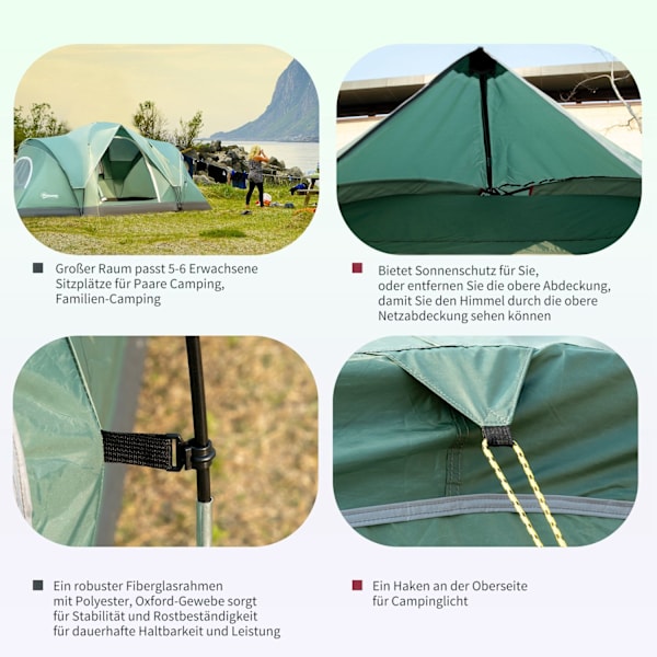Camping Teltta 5-6 Hengelle Tunneliteltta Tapeilla, Kupoliteltta, Polyesteri, Armeijanvihreä + Musta, 4,55X2,3X1,8M