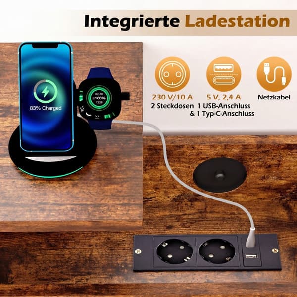 Lyftbart sidobord med laddningsstation och förvaring
