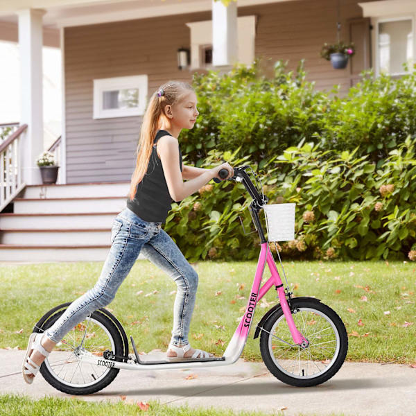 Børnescooter med bremsekurv, højdejusterbar til 5-12 børn, løbehjul, kickboard, aluminiumslegering, gummi, pink + hvid