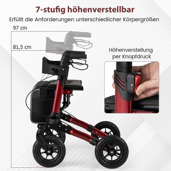 Fällbar lättviktsrollator med luftdäck, röd, 140 kg kapacitet