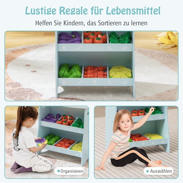 Lasten puinen kauppa, jossa aurinkokatto ja säilytyslokerot, mainoskyltti ja vihannesten sininen