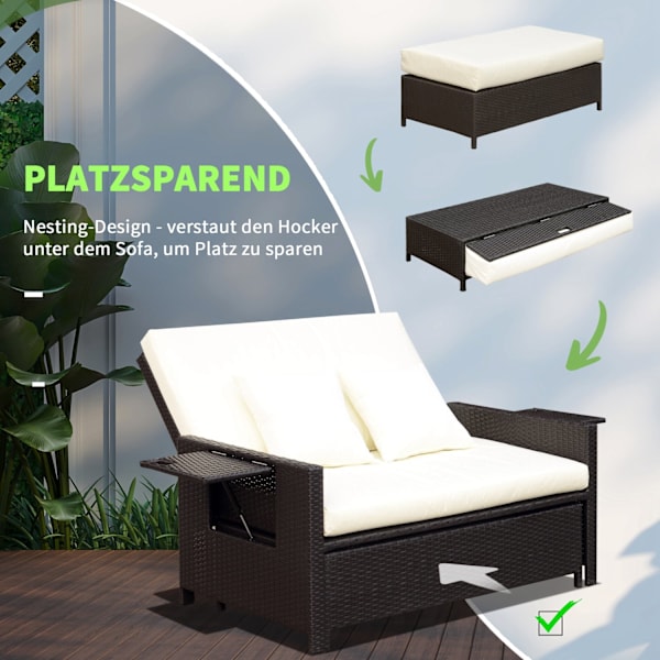 Polyrattan Lounge Sofa Have Sofa Have Liggestol 2-Personers Med Pude Skammel Brun