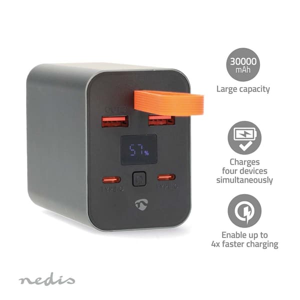 30 000 mAh Power Bank, 4 portar, USB-C & USB-A, PD & QC