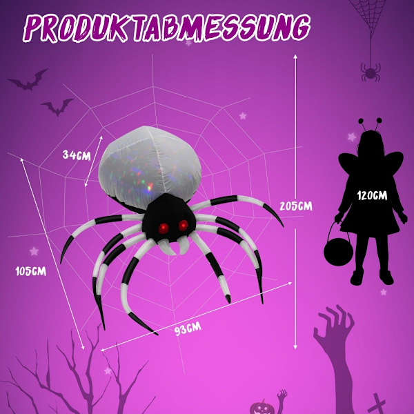 105 cm bred oppustelig Halloween-edderkop med flerfarvede lys og blæser