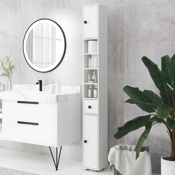 Badeværelsesskab, 4 hylder, skuffe, spånplade, slim design, hvid