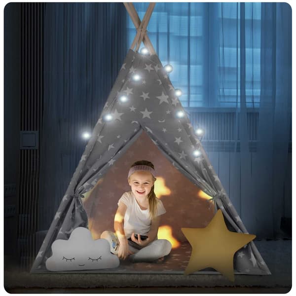 Lasten Tipi-teltta valonauhalla Nukido - harmaa tähdillä
