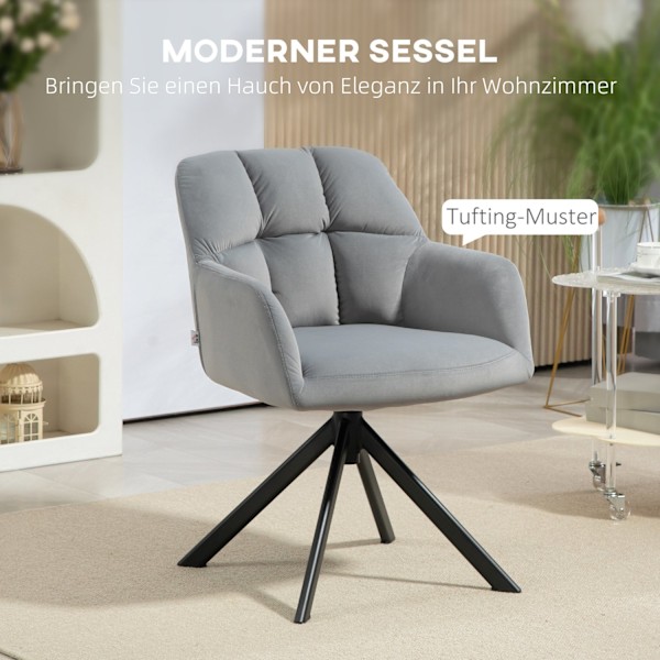 Fåtölj Swivel Lounge Stol med sammetslook Armstöd Swivel Stol med metallben för sovrum Vardagsrum Grå