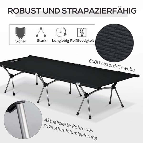 Campingseng, Foldbar Feltseng I Aluminium Med Bæretaske, Højdejusterbar, Sort, 190X65X38Cm, Op Til 150 Kg