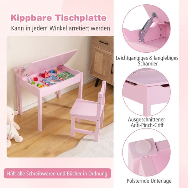 Aktivitetsbord til børn med stol, pink, opbevaring