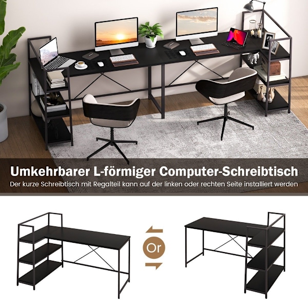 148 cm langt L-formet computerbord med åbne hylder, pladsbesparende skrivebord til en moderne arbejdsplads, sort