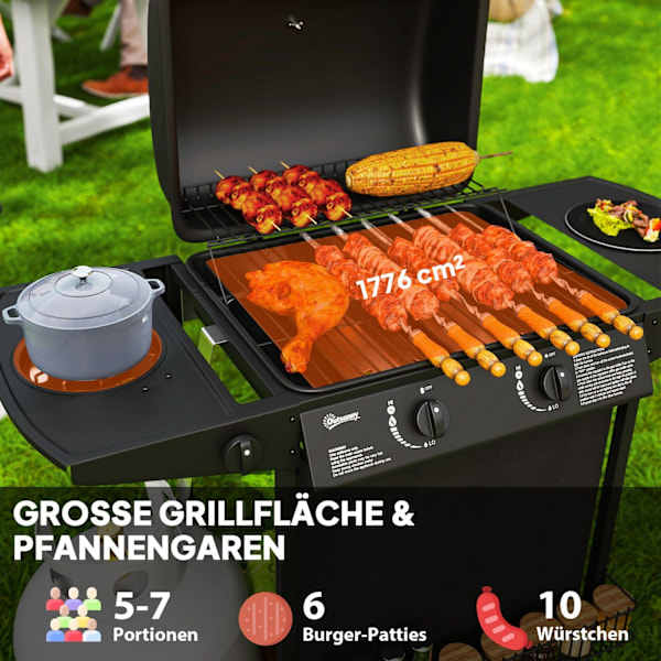 Gasgrill 7 KW grillvagn inklusive 3 brännare sida spis rull tryckreducerare lock gasslang 2 värmezoner termometer sidohyllor, BBQ trädgårdsgrill för b