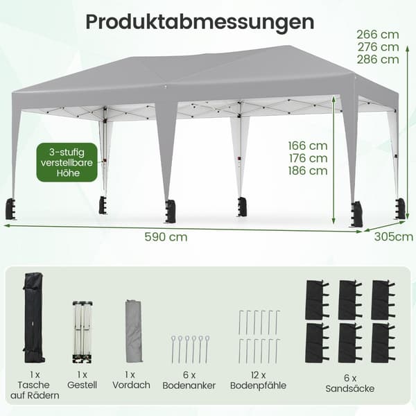 3 x 6 m pop-up-pavillon med UV-beskyttelse, grå