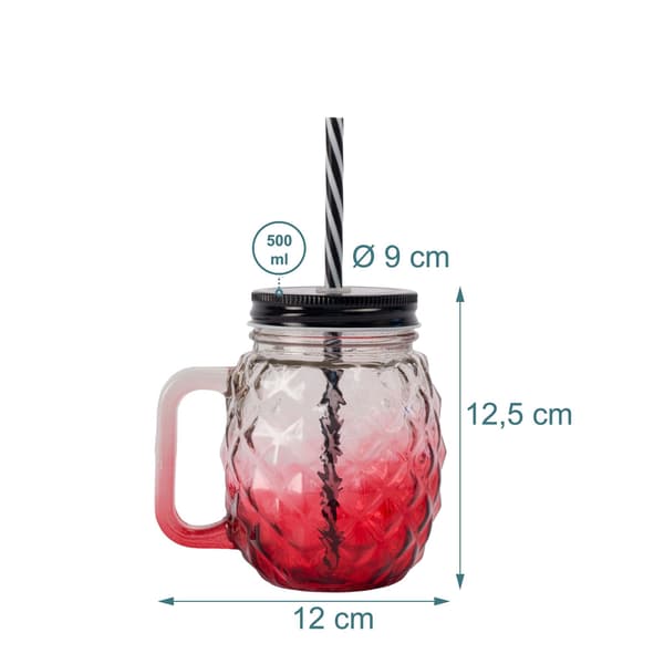 Ananasglas med lock och sugrör, set om 4