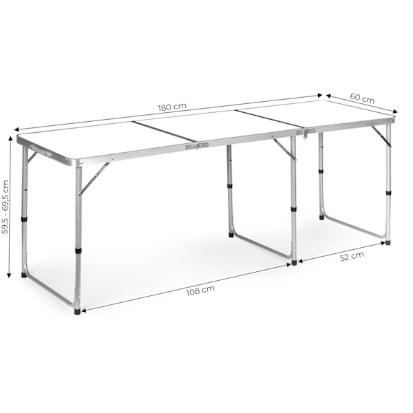 Turistbord, foldbart campingbord, hvid plade, 180 x 60 cm