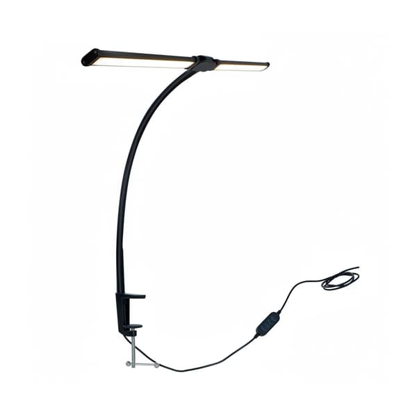 LED-skrivebordslampe med klemme, 61 cm, dobbelt hoved, USB-dæmpbar