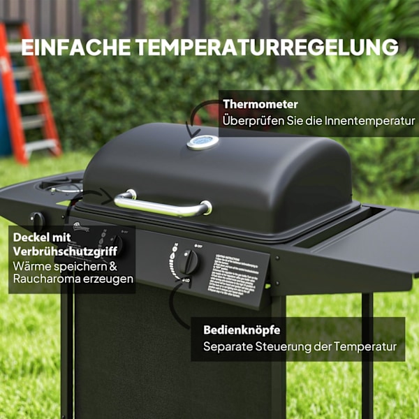Gasgrill 7 KW grillvagn inklusive 3 brännare sida spis rull tryckreducerare lock gasslang 2 värmezoner termometer sidohyllor, BBQ trädgårdsgrill för b