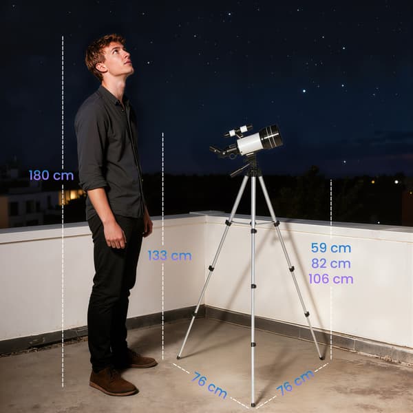 Teleskop med 70 mm linse, justerbart stativ, sølv
