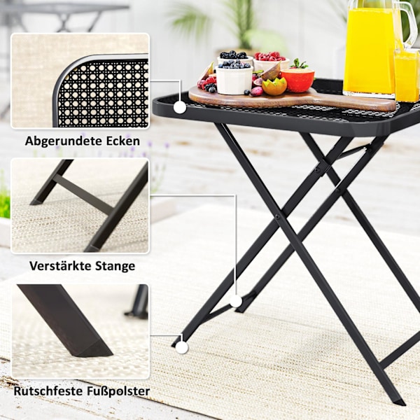 Fällbart trädgårdsbord 70 x 70 cm, väderbeständigt balkongbord, fällbart stålbord med utskuren design, utematbord, fyrkantigt sidobord, uteplatsbord f