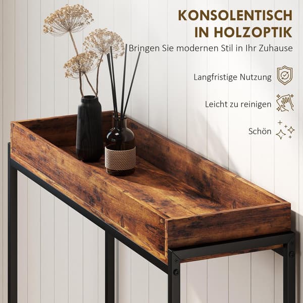 Smalt konsolbord, metal og spånplade, rustik brun