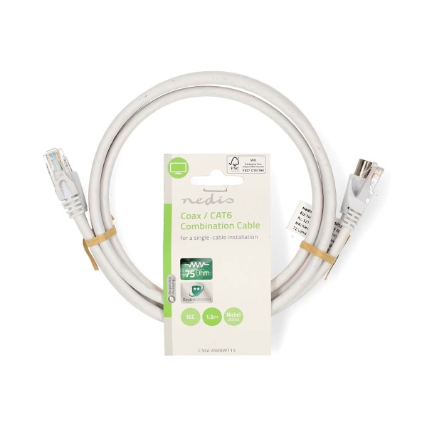 Coax & Cat6 yhdistelmäkaapeli | IEC (Coax) Uros / RJ45 uros | IEC (Coax) Naaras / RJ45 uros | Niklattu | RG58 | 75 Ohm | Tuplasuojattu | 1.50 m | Pyör