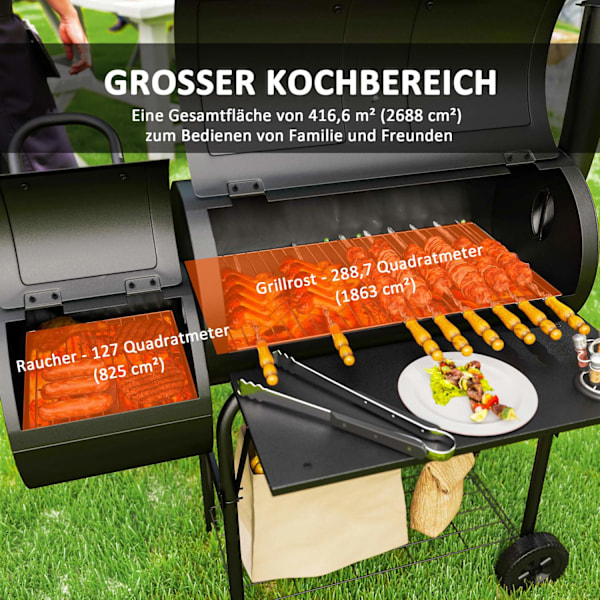Kolgrill av stål BBQ rökare med lock termometer hjul hylla mobil grillvagn med lufttillförsel kolbricka, kolgrill kolgrillvagn för grillcamping, trädg