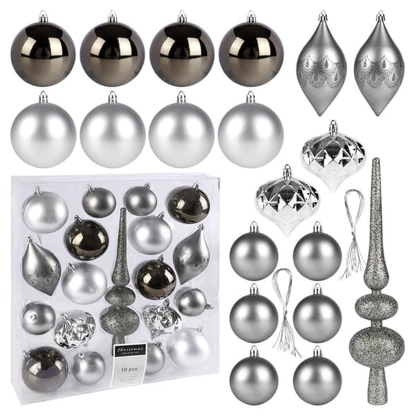 Set med 19 okrossbara julgranskulor i silver, matt och blank