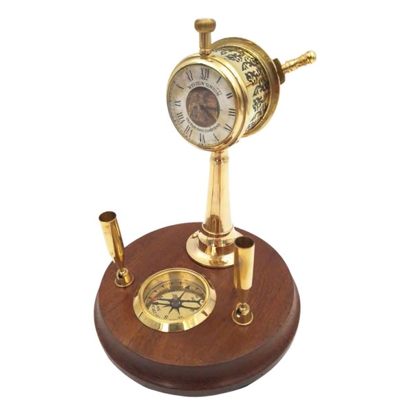 Nautisk skrivebordssæt: Telegraf med ur, kompas og penneholder