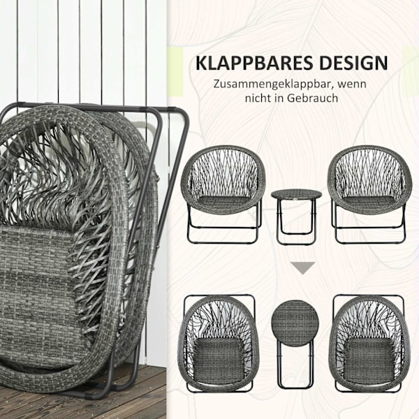 Sammenklappelige havemøbler altansæt med sofabord og 2 stole, inklusive hynder, stålgrå til terrasse og have