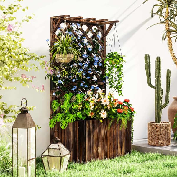 Højbed med espalier, forkullet træ, 64x33x122 cm