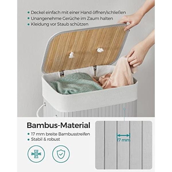 Platssparande grå bambu tvättkorg med lock, 72L