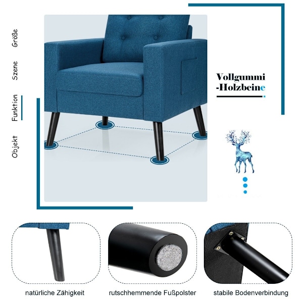 Lænestol med 2 sidelommer Vingestol med armlæn og rygpuder 75 x 81 x 86 cm Blå 53 cm sædedybde