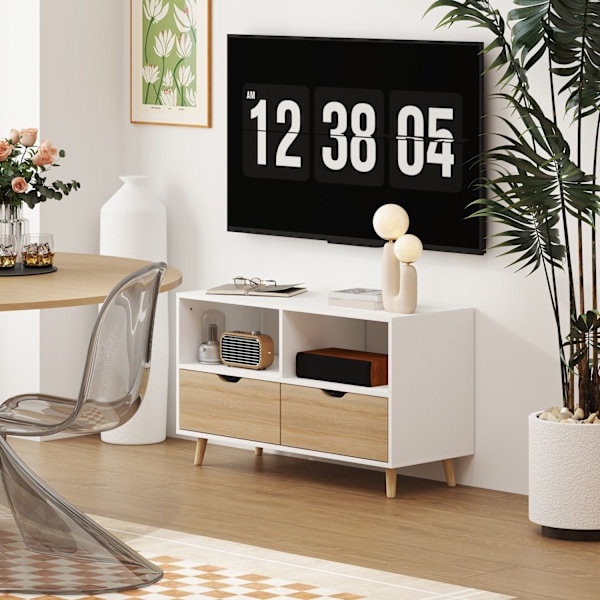TV-kaapin alhaalla 2 hyllyä, laatikko, 99 cm pitkä tv-pöytä televisioon, TV-taulu olohuoneeseen, valkoinen