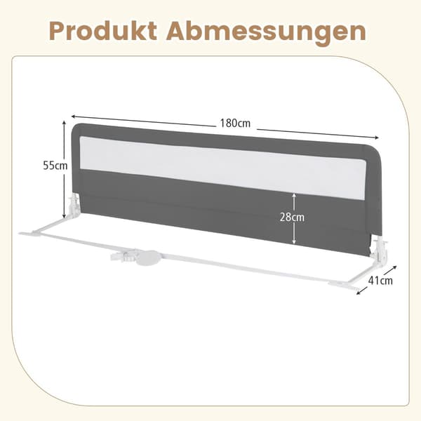 Sammenklappelig sengehest 180 cm med sikkerhedsstropper, grå