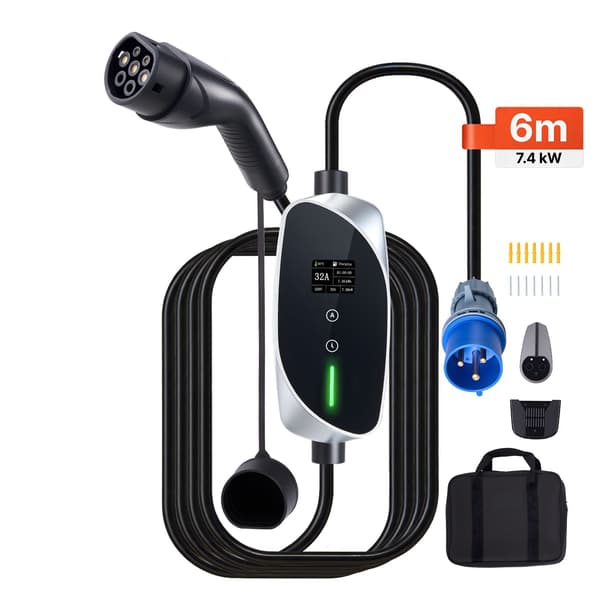 Bärbar elbilsladdare typ 2 7,4 kW 32A, 6 m kabel