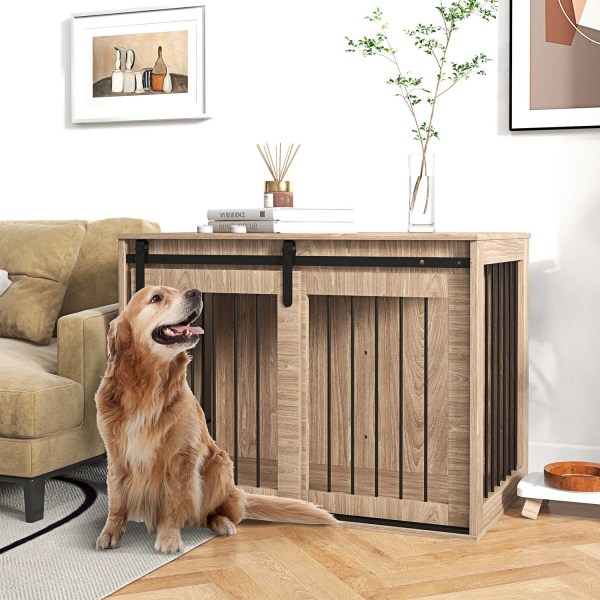 Hundbur Hundbox Med Skjutdörr, Inomhus Hundhus Med Trälook, Låsning, För Stora Hundar Upp Till 30 Kg, 98 X 58 X 67 Cm, Valnöt
