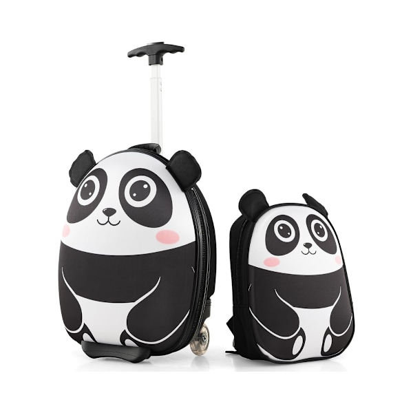 2-osainen lasten matkalaukku & reppu pyörillä ja 3-vaiheisella teleskooppikahvalla 12"+16" lasten vaunu Panda