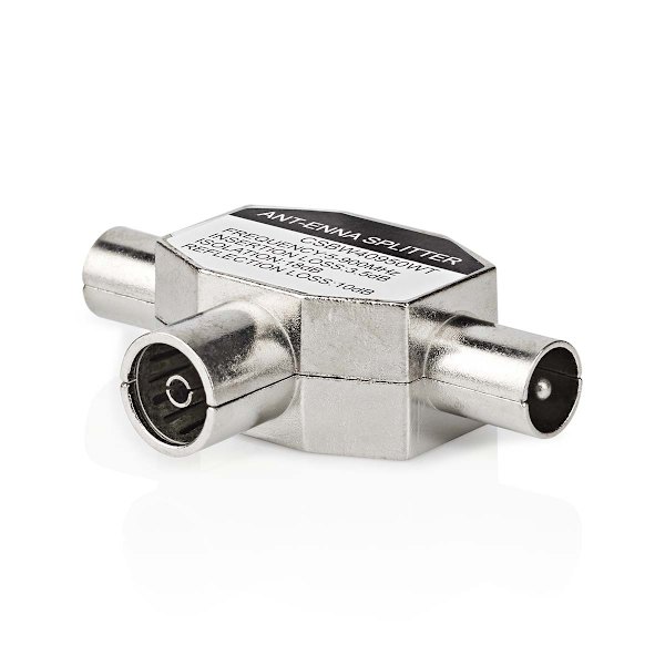 Satelliitti- ja antenni-sovitin | 2x koaksiaali uros | IEC (Coax) Naaras | Niklattu | 75 Ohm | T-jakaja | Metalli | Valkoinen | 1 kpl | Laatikko