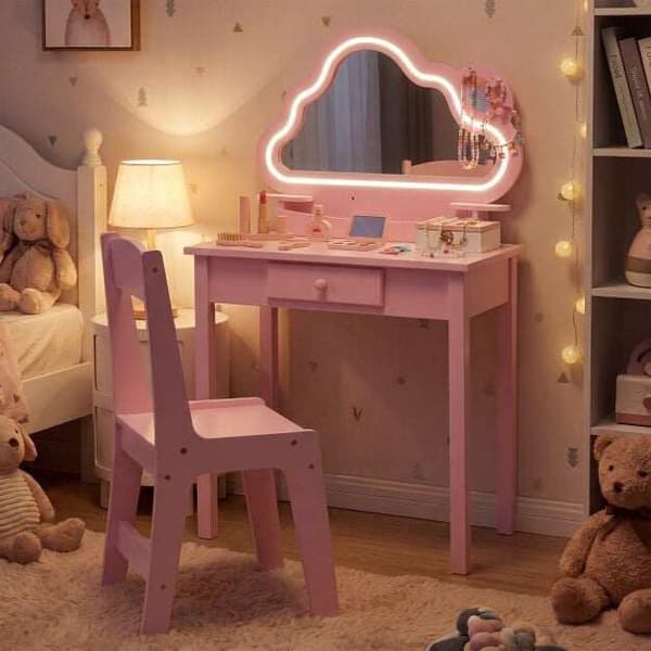 Barnmöbelset med LED-molnspegel och pall - Rosa