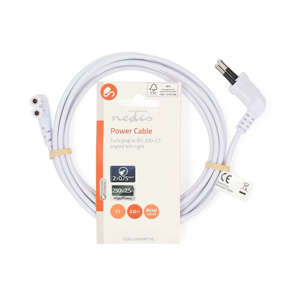Sähköjohto | Euro Uros | IEC-320-C7 | Kulma | Kulma vasemmalle | Niklattu | 2.00 m | Litteä | PVC | Valkoinen | Label