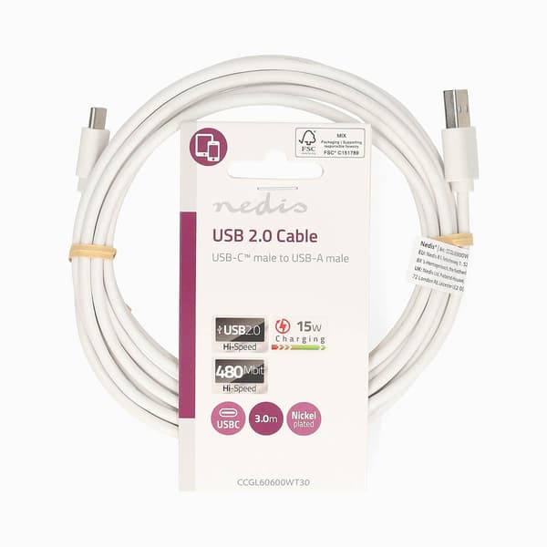 USB-A till USB-C laddningskabel 3.00 m, USB 2.0, 480 Mbps, 15 W, Vit