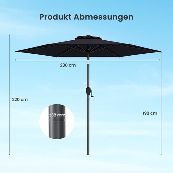 Terrasseparasol, 230 cm, sort, dreje- og vippefunktion